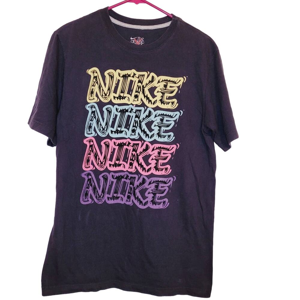 Nike Athletic Dept black felt graphic multicolor short sleeve tshirt Size Med